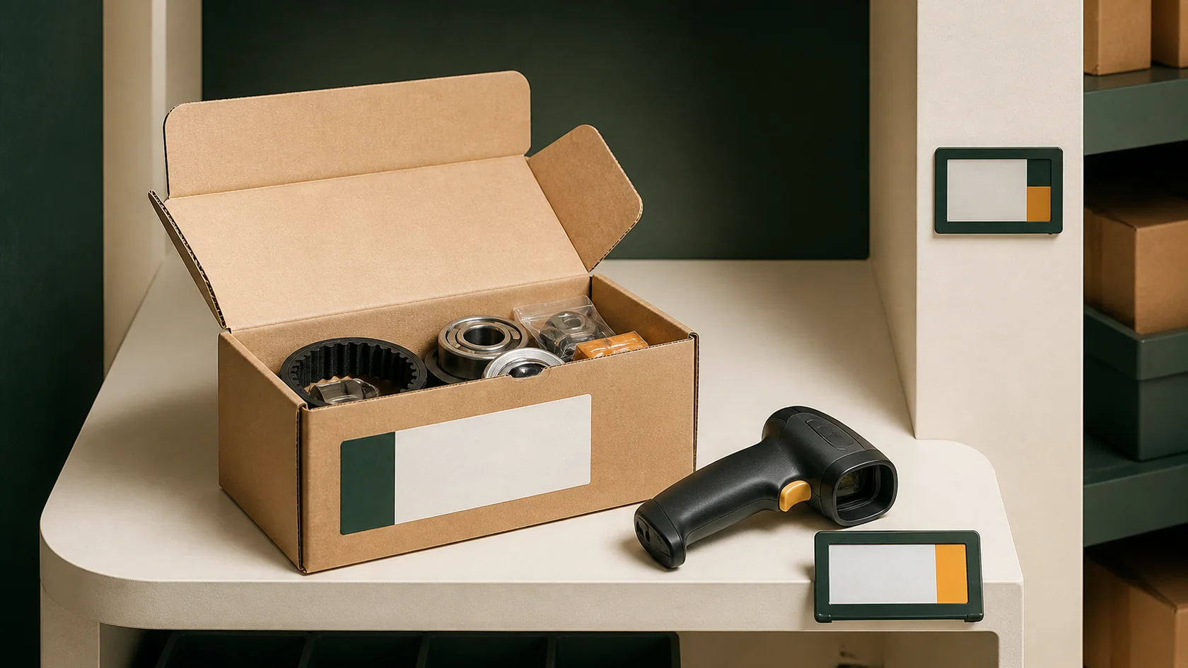 A labelled carton, replacement parts and barcode scanner organised at one warehouse location